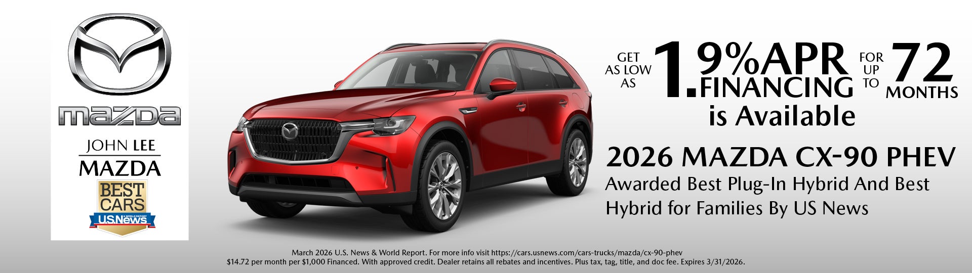 Get As Low As 1.9% APR Financing- 2026 MAZDA CX-90 PHEV