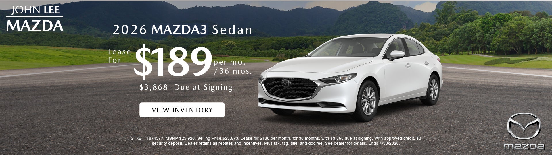 Lease For $189/mo. with $3,868 Due at Signing- 2026 MAZDA3